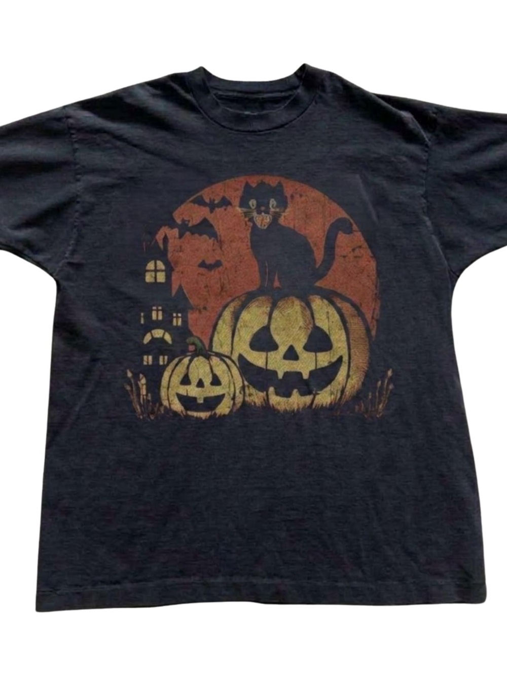Gildan Black Halloween Cat & Pumpkin Graphic Tee, Gift For Her, For Him